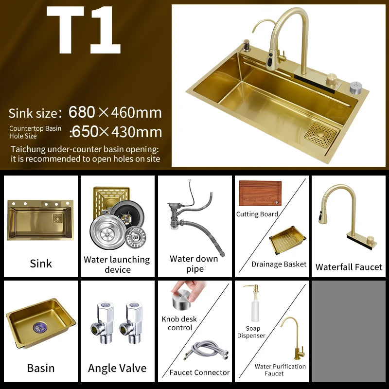 YCRAYS Golden Nano Multifunctional Kitchen Sink 4 Mode Waterfall Faucet Large Single Bowl Soap Dispenser Pure Tap Cup Washer