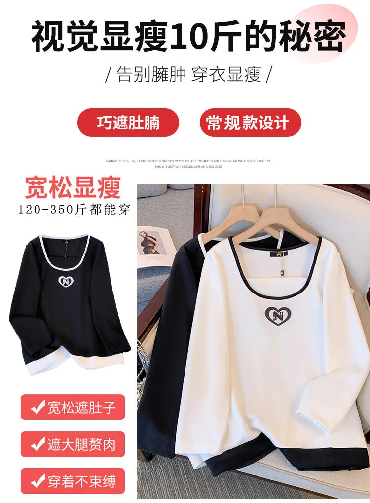 150kg plus size Damen büste Herbst Frühling lose einz eilige Hals Langarm Sweatshirt schwarz weiß 5xl 6xl 7xl 8xl 9xl