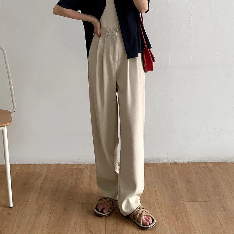 Hohe Taille Frauen Anzug Hosen fallen gerade Büro Damen koreanische Mode Hosen lässig Knopf lose weibliche schwarze Hosen neue 2024