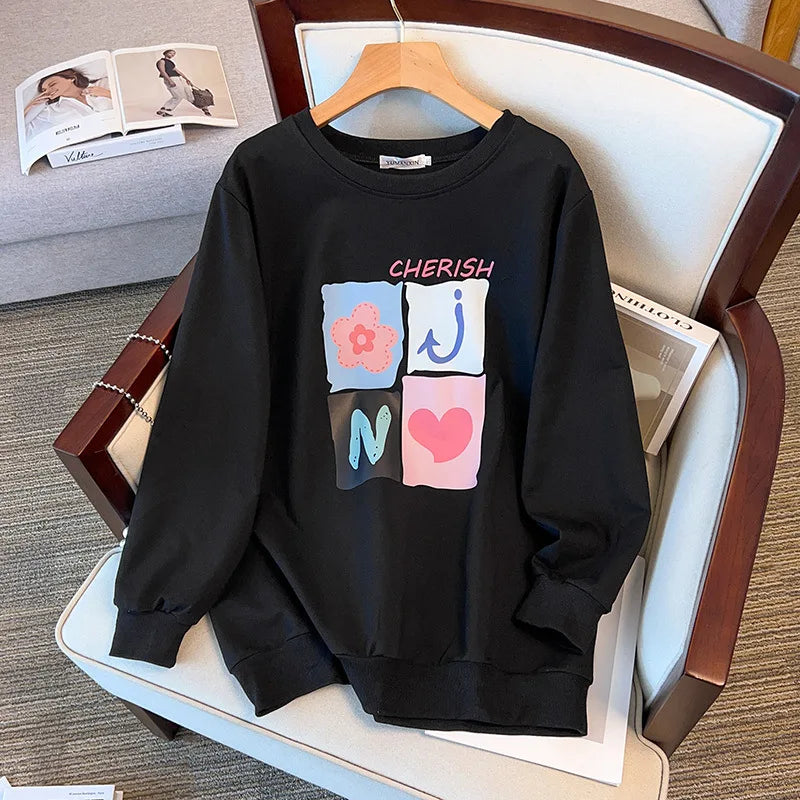 175kg plus size Damen büste Frühling Herbst lose Langarm bedrucktes Sweatshirt Top schwarz rosa 6xl 7xl 8xl 9xl 10xl 11xl