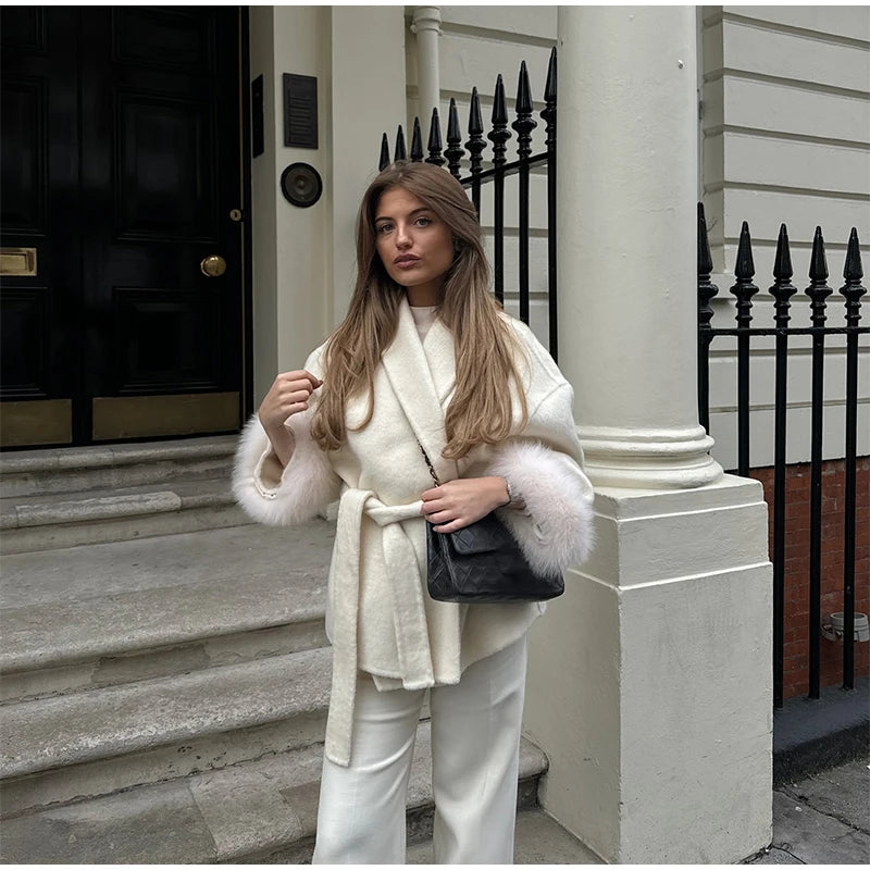 2025 Chic Revers Plüsch Mantel Mit Gürtel Frauen Vintage Feste Faux Pelz Hülse Tweed Offene Mäntel Weibliche Herbst Casual Straße outwear