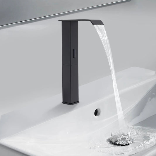Touchless Sensor Faucet with Waterfall Spout, Adjustable Temperature Valve, Black Finish, Ideal for Kitchen and Bathroom Use
