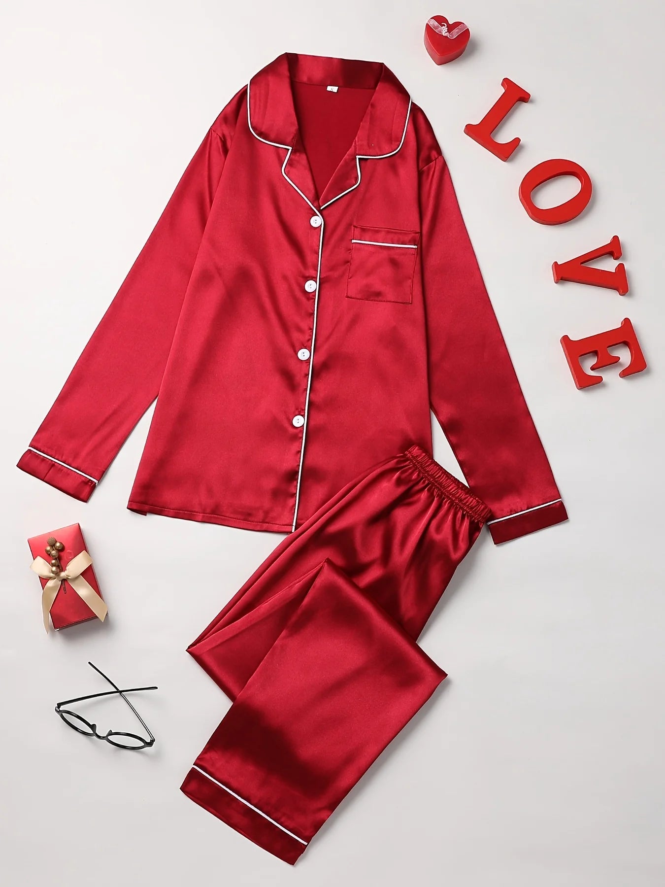 Solides Pyjama-Set mit langen Ärmeln, Knopfleiste, Revers, Oberteil und Hose, Pyjama-Set, Damen-Nachtwäsche und Loungewear