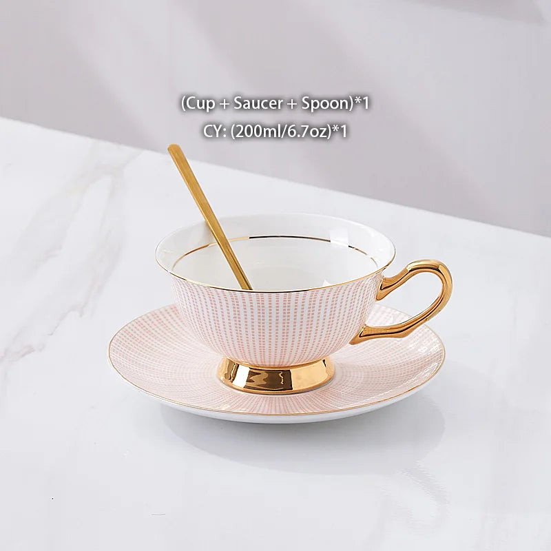 Bone China Tea Cup Saucer Spoon Set 200ml Elegant Coffee Cup Gold Porcelain Tea Set Ceramic Teacup Cafe Espresso Cup British Mug