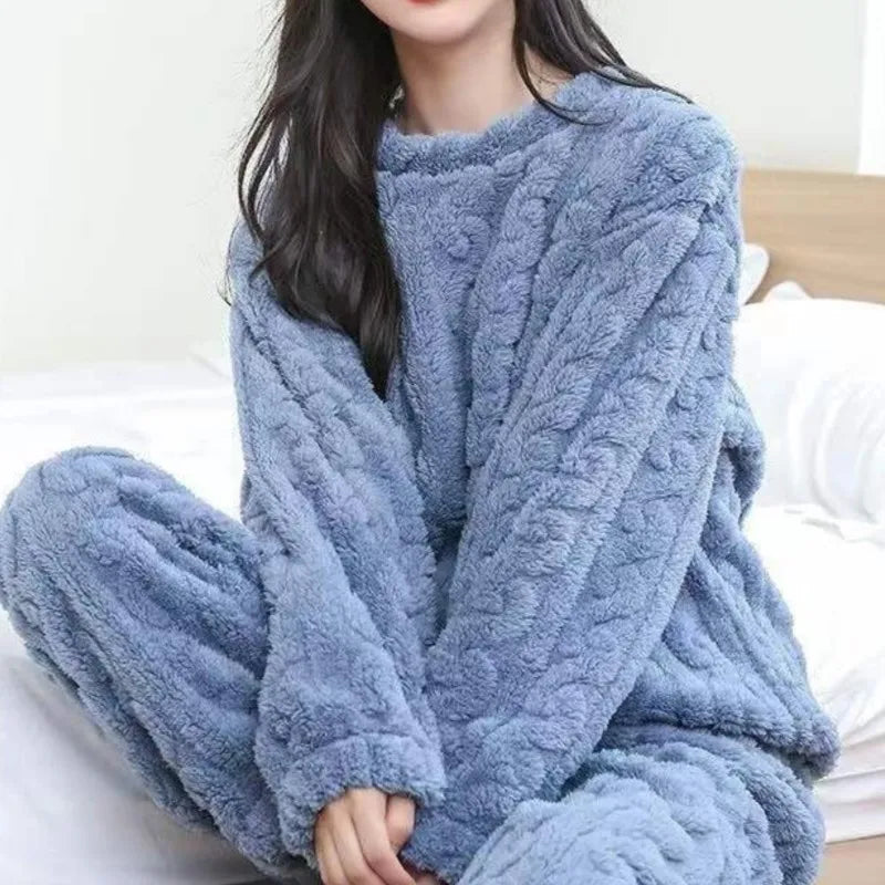 Herbst Winter Lose Süße Casual Pyjamas frauen Set Dicke Fleece Wolle Langarm Top Hause Elastische Taille Lange Hosen Hosen