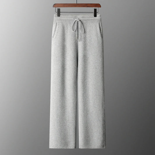 4PINK Thickened 100% Pure Cashmere Pants Men High Waist Knitted Wide Leg Pants Solid Color Lace Up Straight Pants Elastic Waist.