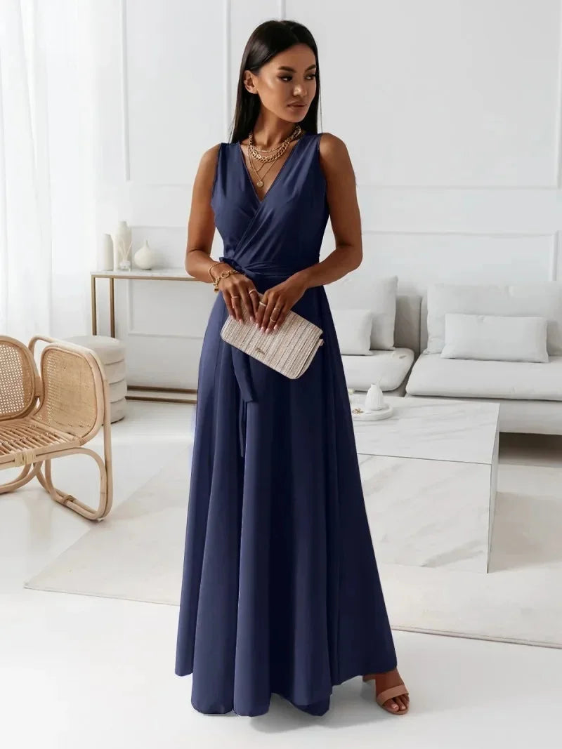 Frühling Sommer Neue Stil frauen Lange V-ausschnitt Kleid Reine Farbe Maxi Kleid Ärmelloses Empire-Taille Kleid für Damen Modische