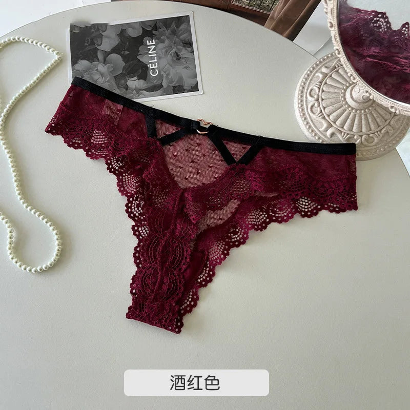 SP&CITY Thin Lace Embroidery Sexy Thongs Love Metal Transparent Women's Underwear Soft Cotton Crotch Hollow Out Panties Tanga.