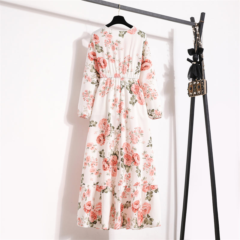 Frühling Sommer Frauen Maxi Kleider Casual Volle Hülse Floral Gedruckt Oansatz Frau Bohe Strand Party Lange Kleid Mujer Vestidos