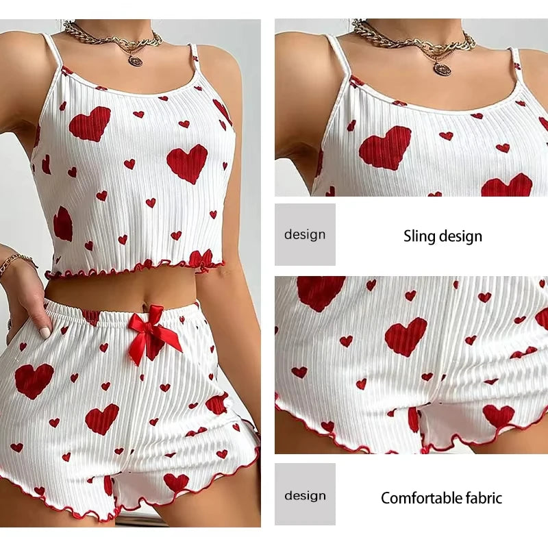 Sexy Herz Druck Pyjama Set Frauen Nachtwäsche Trendy Mode Lounge Tragen Nachtwäsche Zwei Stück Set Homewear Pyjamas