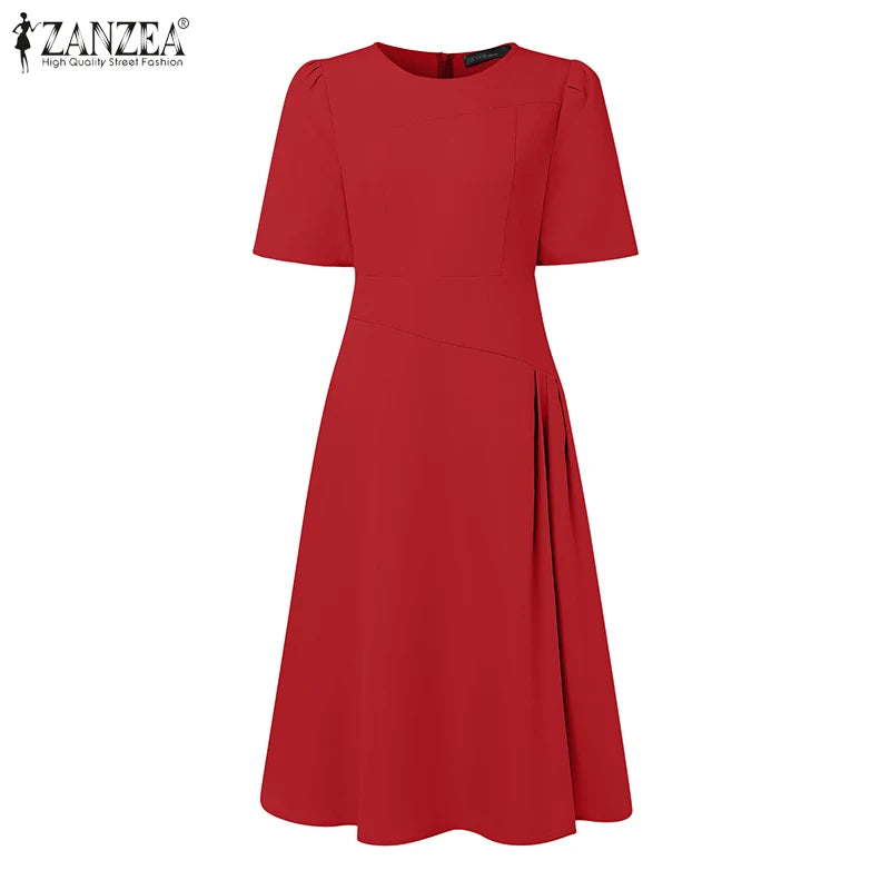 ZANZEA Elegante Büro Frauen Kleider Sommer Stilvolle Solide Party Arbeit Kleid Mode Kurzarm Plissee Vestidos Midi Sommerkleid