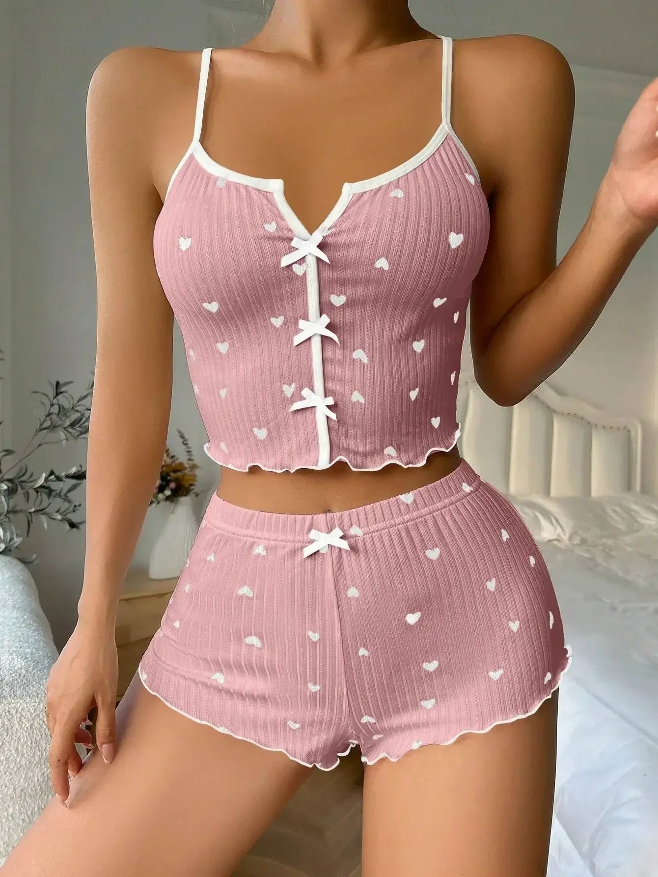 Nachtwäsche Damen-Pyjama-Set, Herz-Druck, weicher, gerippter Stoff mit kokettem Rüschenbesatz, lässiges Cami-Top und Shorts-Sets, Loungewear