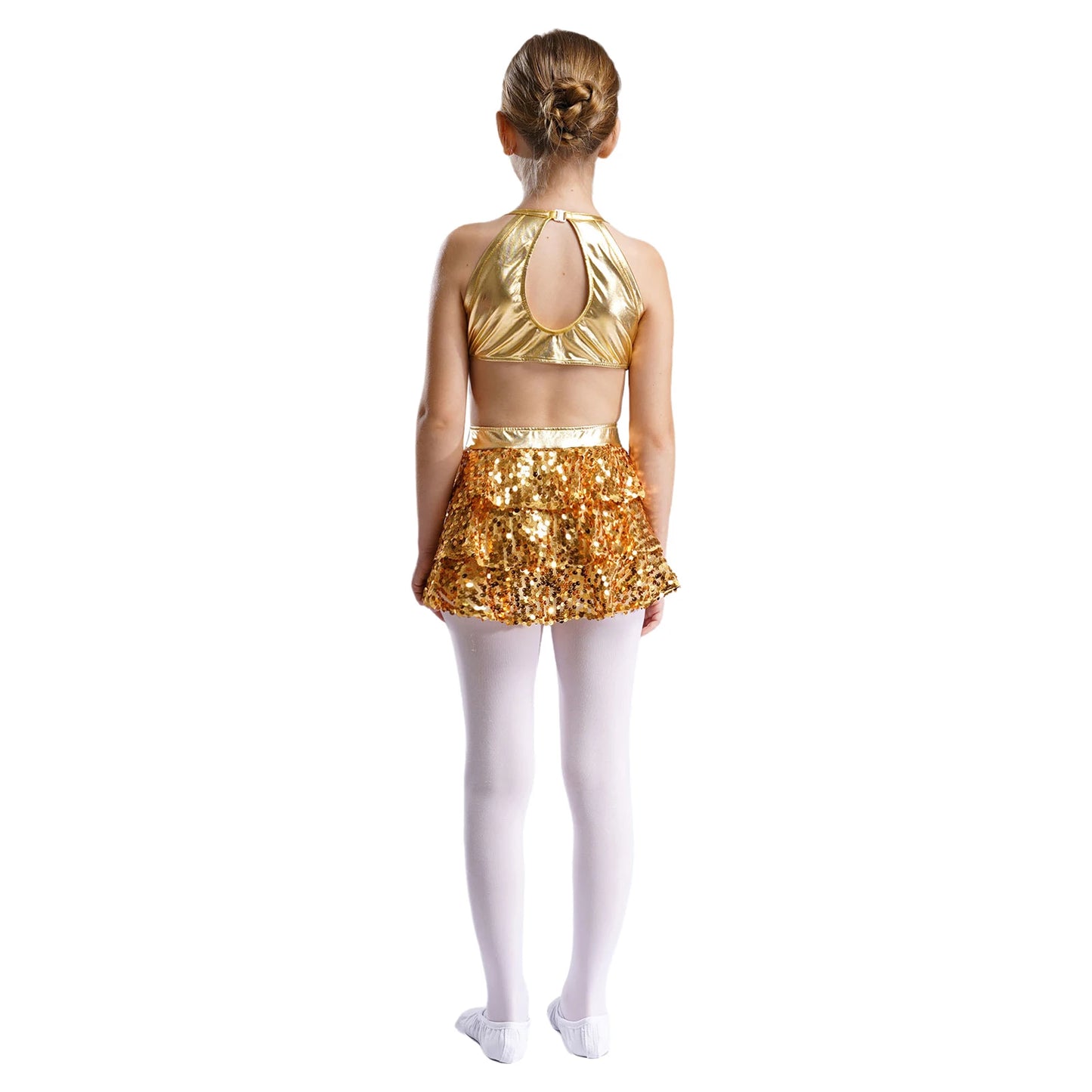 Kinder Mädchen Pailletten Jazz Ballett Tanzkleid Ärmellos Ausschnitt Tiered Rüschen Trikot Salsa Samba Rumba Skating Performance Kostüm