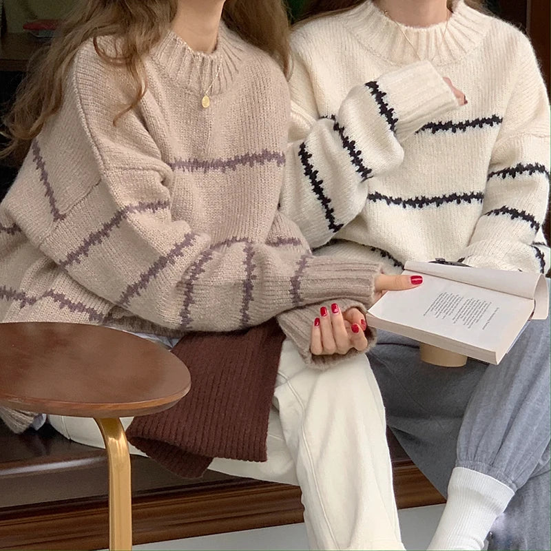 Retro Lose Pullover frauen Langarm Gestreiften Halb Stehkragen Stricken 2023 Herbst Winter Verdickt Warme Pullover