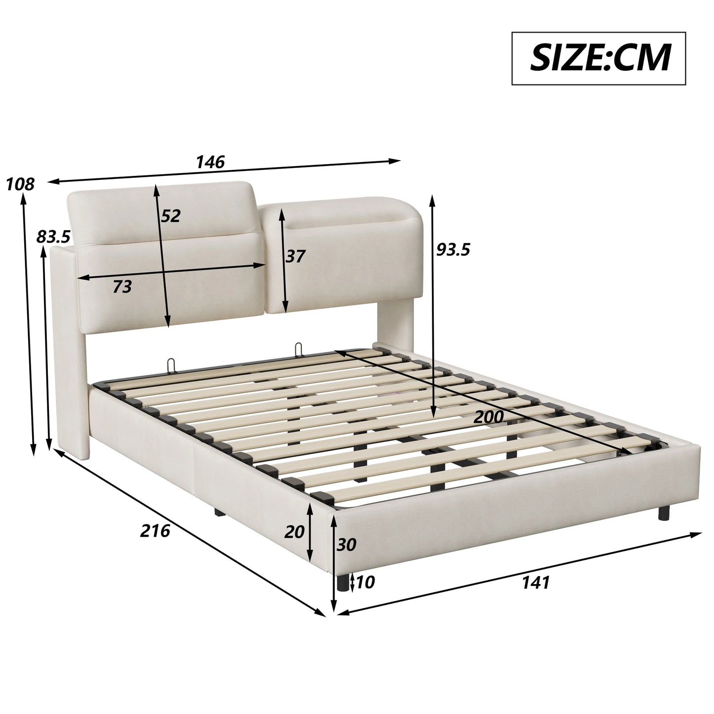 Creahappy – Weich gepolstertes Doppelbett – mit faltbarem, verstellbarem Kopfteil – hydraulischer Stangenbettrahmen – LED-Streifenbeleuchtung unter dem Bett