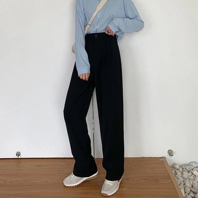 Hohe Taille Frauen Anzug Hosen fallen gerade Büro Damen koreanische Mode Hosen lässig Knopf lose weibliche schwarze Hosen neue 2024