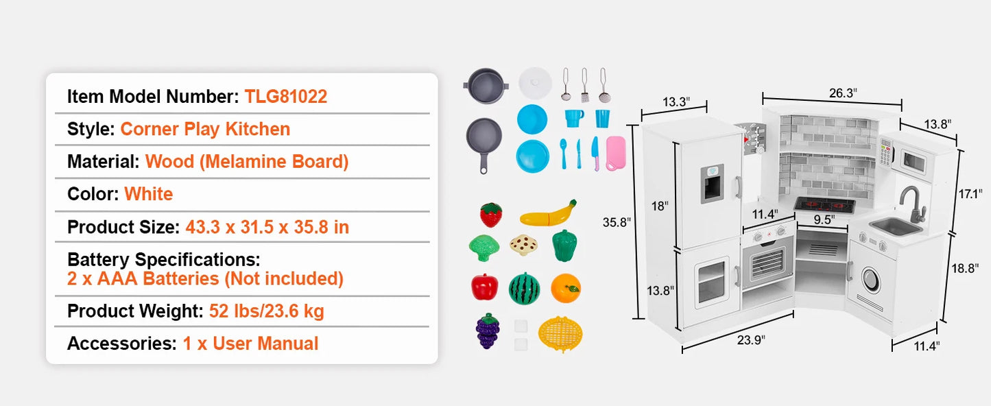 SucceBuy Corner Wooden Play KitchenToys Set Children Kitchenware toys with Lights & Sounds for Kids Preschoolers Girls Gifts.