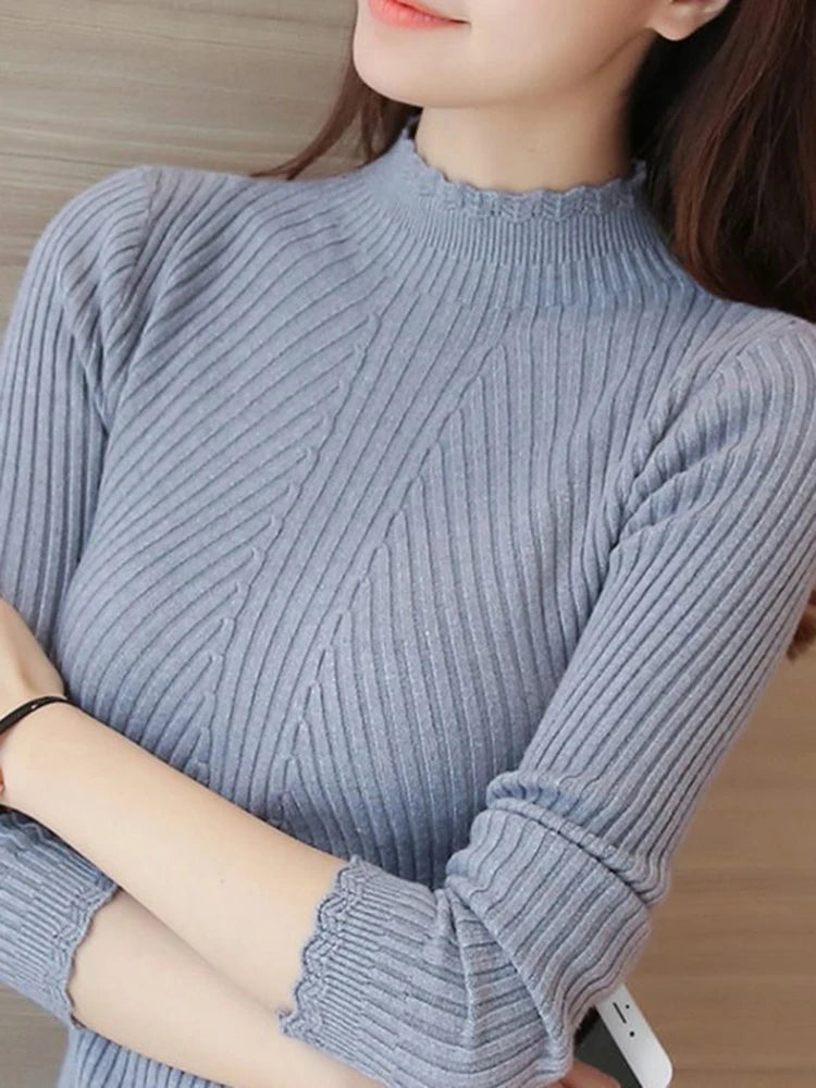 2025 herbst Frauen Mock Neck Rüschen Pullover Langarm Gestrickte Bodenbildung Solide Pullover Streifen Frauen Casual Pullover Winter