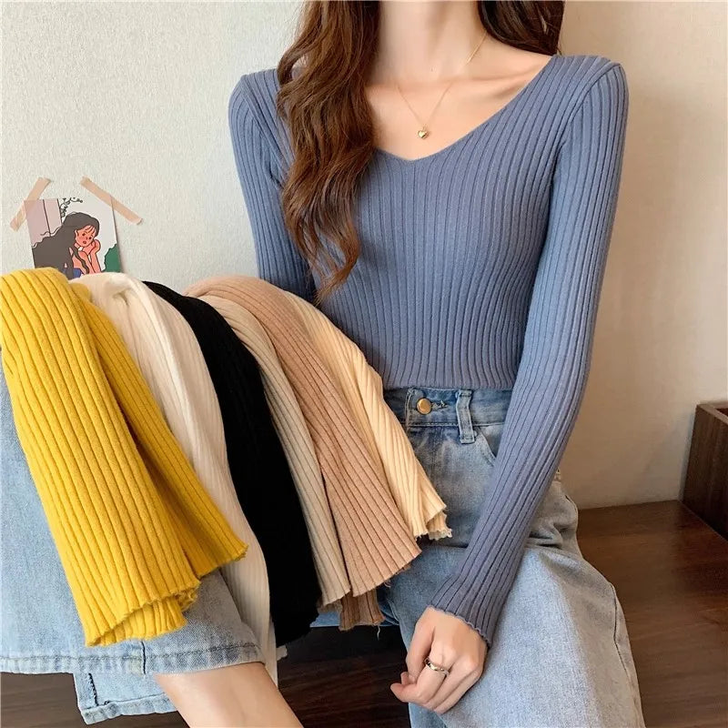 2025 einfarbig Schlank Pullover Koreanische Herbst Winter V-ausschnitt Pullover Mode Lässig Langarm Gestrickte Pullover Frauen Kleidung