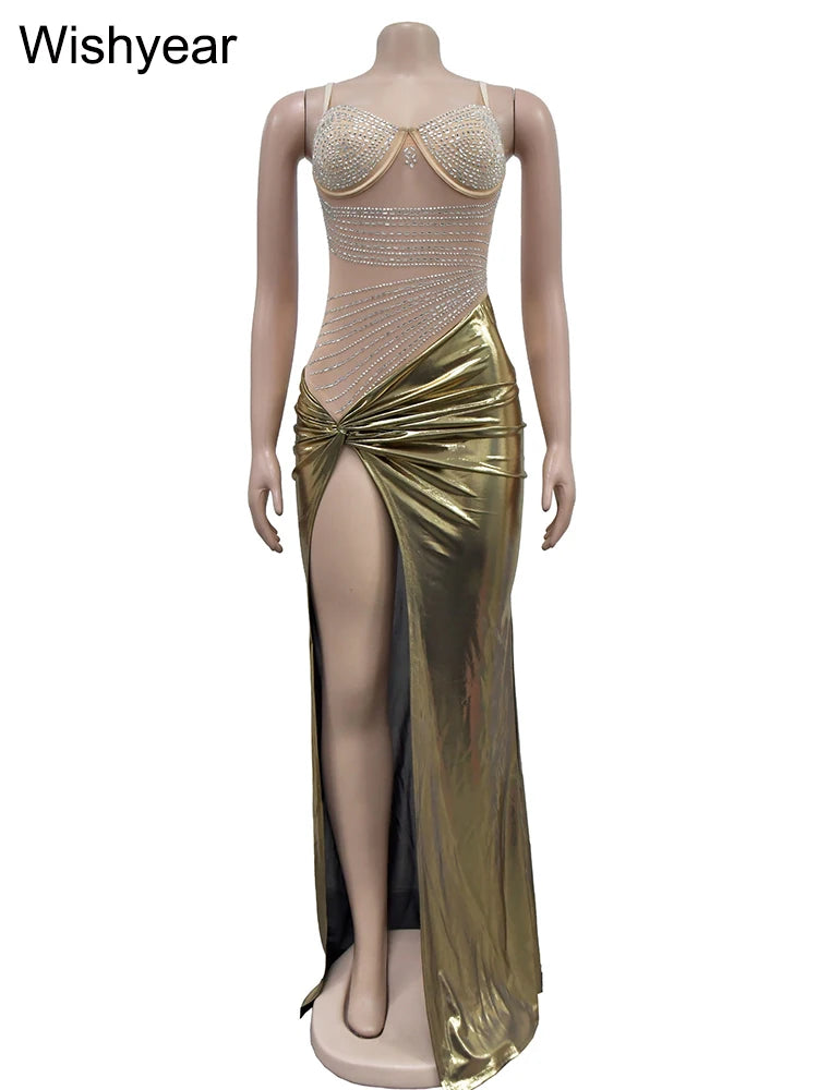 Wisheyar elegante Promi Glitter Metallic Silber Geburtstag lange Kleider Frauen ärmellose Front Split Luxus Geburtstag Vestidos