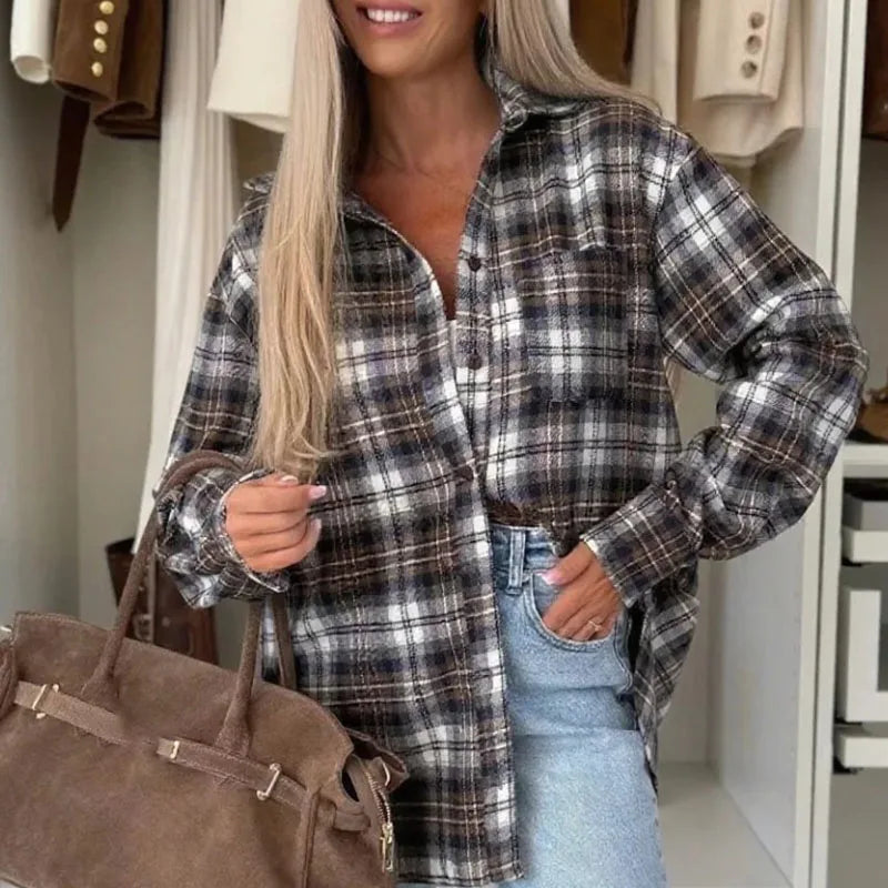 Women Elegant Checkered Print Office Shirt Spring Autumn Turn-down Collar Button Blouses Casual Long Sleeve Street Top Cardigans.