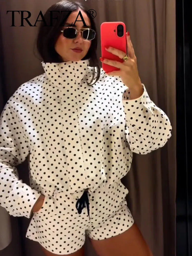 TRAFZA Herbst Polka Dot Gedruckt Jacke Für Frauen Lange Ärmel Rollkragen Zipper Mit Taschen Kordelzug Lose Vintage Mäntel