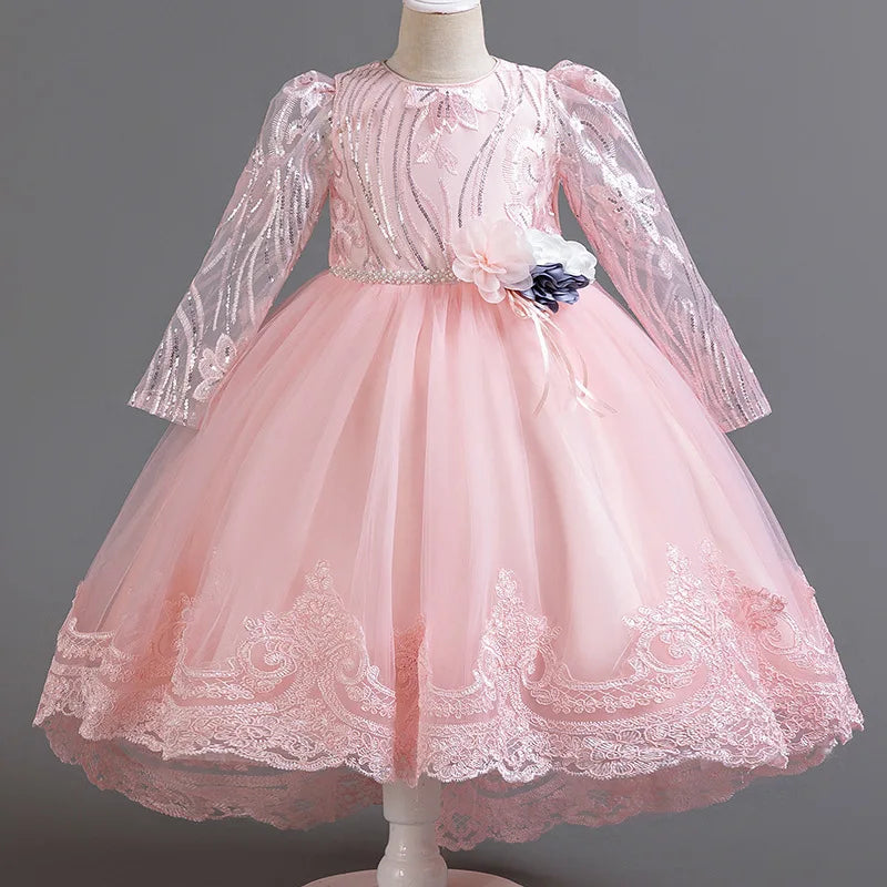 Blumen mädchen Hochzeits kleid lang ärmel ige Spitze Kleid elegante Mädchen Kunst Leistung Prinzessin Kleid Mädchen Karneval Kleidung
