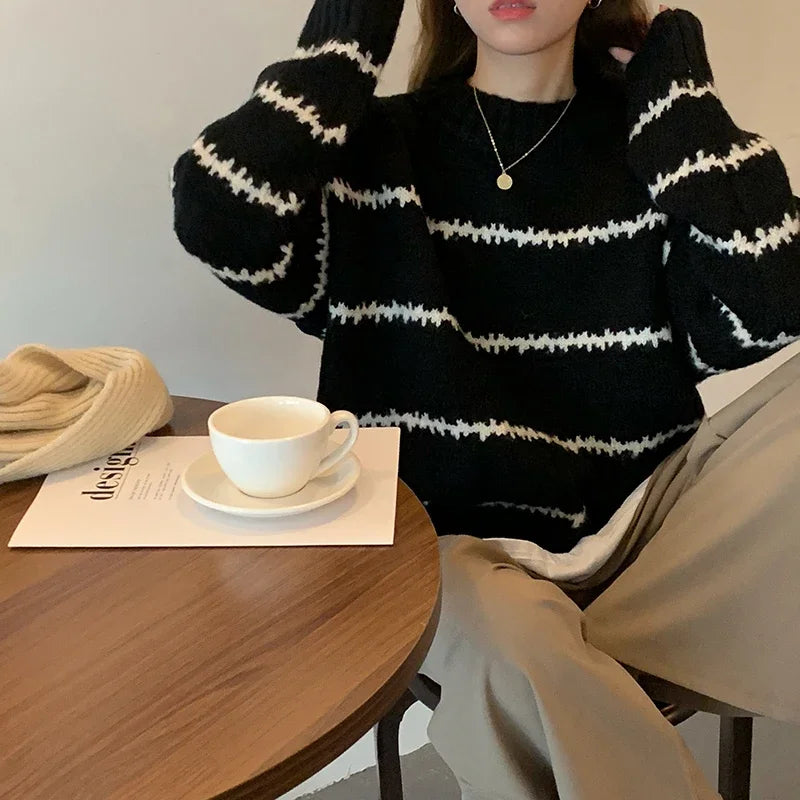 Herbst Winter Gestreiften Pullover Pullover Frauen Gestrickte Shirts Lange Hülse Lose Mock Neck Outwear Casual Pullover Tops Strickwaren