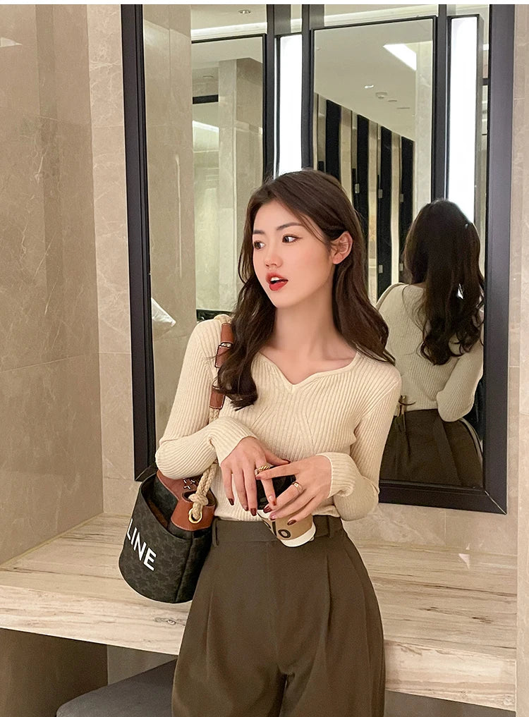 2025 grundlegende V-ausschnitt Chic Herbst Winter Pullover Frauen Weibliche Gestrickte Rippen Pullover Dünne Lange Hülse Badycon Hohe Qualität Pullover