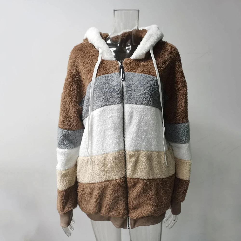 Wintermode Damenmantel 2025, mit Kapuze und Reißverschluss, Damenjacke, gespleißt, dicker Kaschmir, Damenjacke, Nähte, karierte Damenmäntel