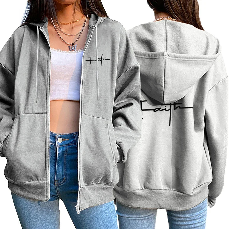 Damen-Strickjacke mit Reißverschluss, Mantel, bedruckt, lässiges Kapuzen-Sweatshirt, Sport-Jogging-Kleidung, hochwertige, vielseitige Straßenfrauenjacke