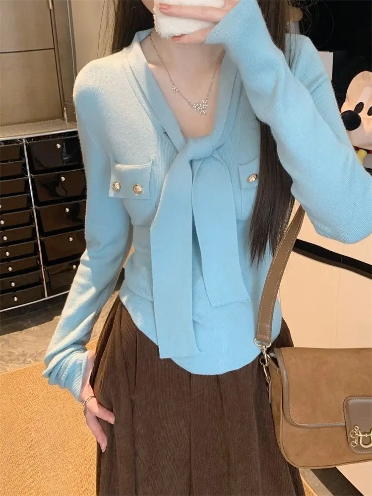 Frauen Frühling Herbst Einfachheit Büro Dame V-ausschnitt Einfarbig Langarm Strickwaren Damen Mode Alle-spiel Temperament Tops