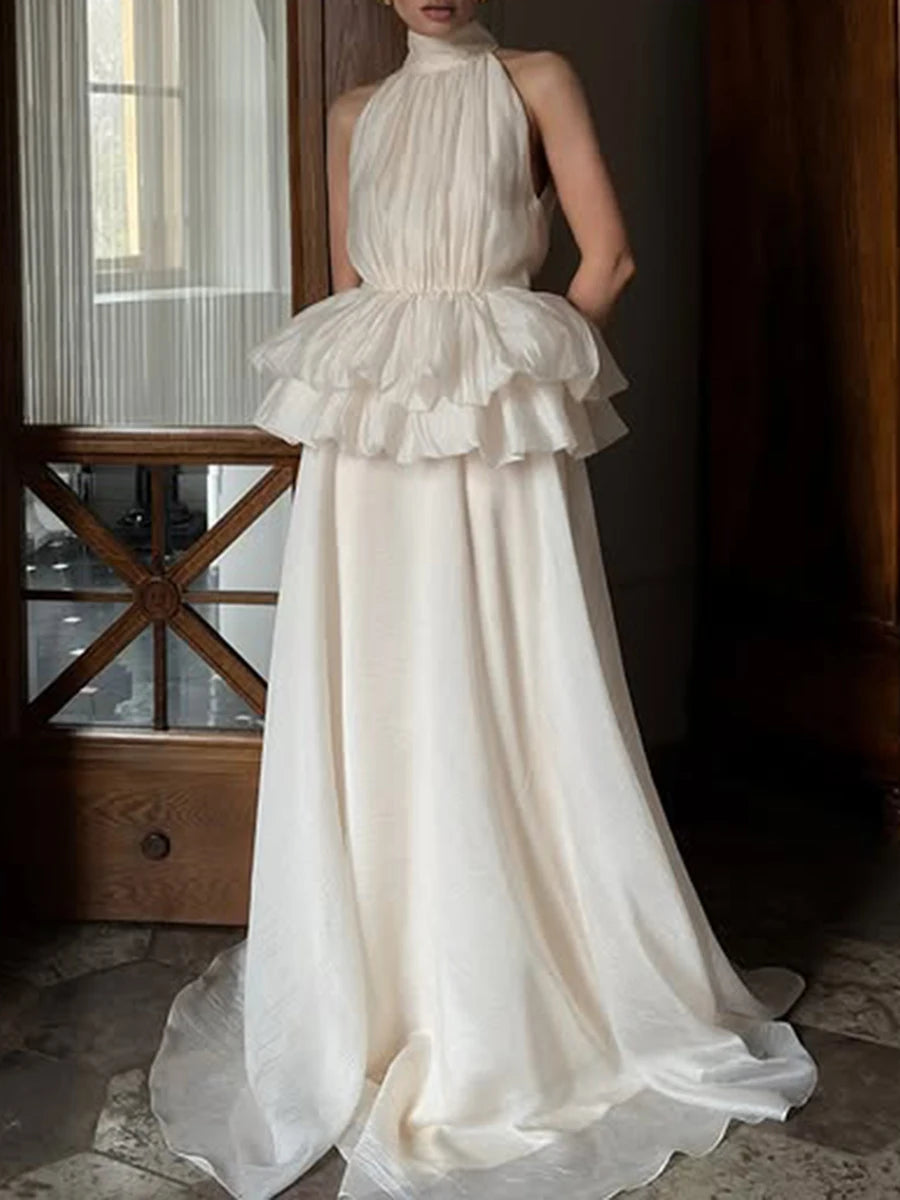 VGH Solide Abend Gespleißt Rüschen Maxi Kleider für Frauen High Neck Ärmellose Tunika Temperament Zeremonie Kleid Weibliche Kleidung