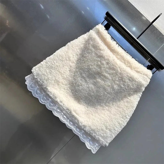 Chic Sweet Mini Skirt Women Winter Lace Patchwork High Waist A Line Plush Skirts Female Fashion Casual Preppy All Match Skirt.