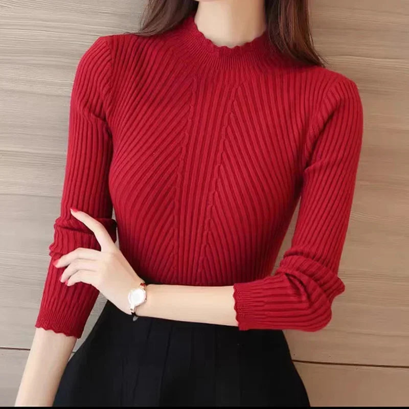 Frauen Mock Neck Rüschen Pullover Langarm Gestrickte Bodenbildung Solide Pullover Frauen Casual Streifen Pullover Herbst Winter 2023