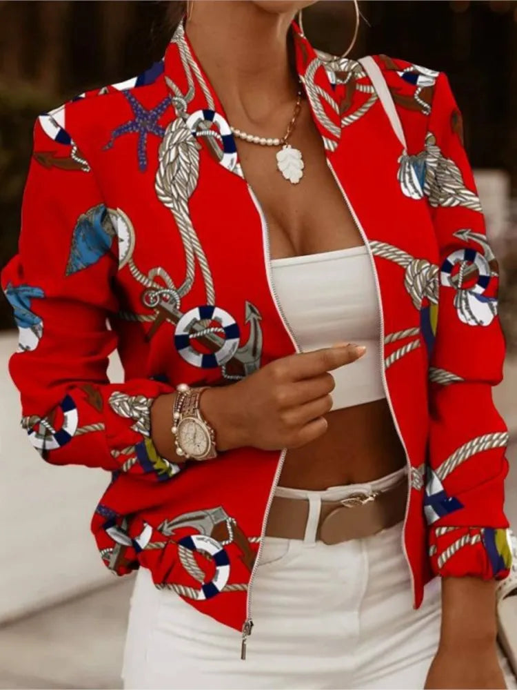 Mode Frauen Jacken Dünne Kurze Mäntel Herbst Vintage Print Lange Sleeve Zipper Dünne Jacke 2024 Casual Oberbekleidung Weibliche Jacke