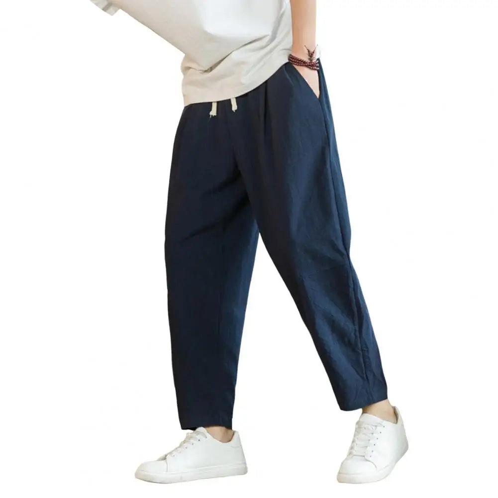 Men Cropped Trousers Men Casual Pants Men's Loose Straight Drawstring Ninth Pants with Elastic Waist Pockets Solid for Daily.