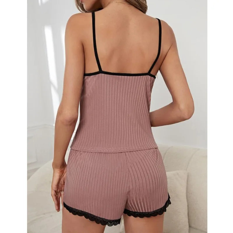 Neues sexy geripptes Pyjama-Set für Damen mit Spitzenbesatz, Cami-Top und Shorts, zweiteilige Nachtwäsche, Loungewear, V-Ausschnitt mit Schleife, Spaghettiträger