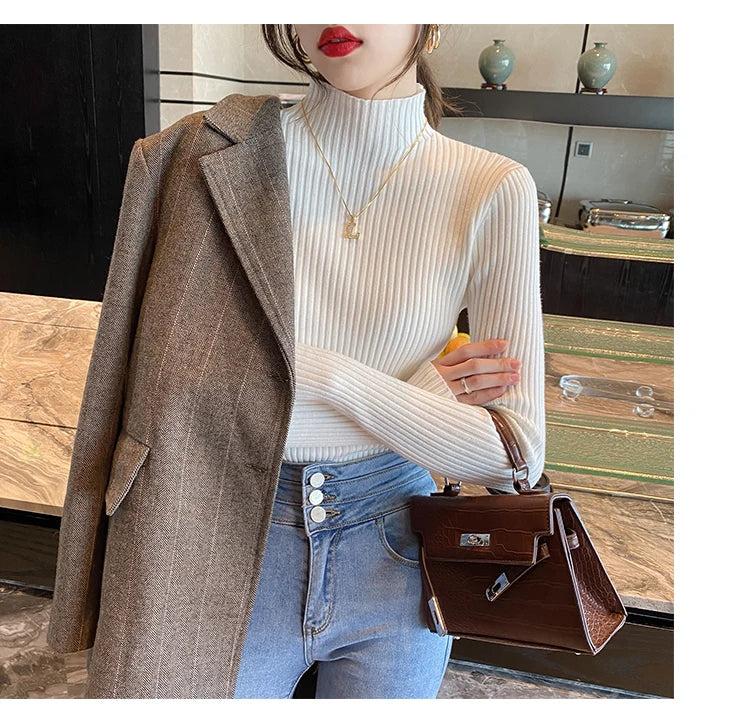 Winter Langarm Mock Neck Gestrickte Frauen Pullover Pullover Schlank Stricken Pullover Frauen Tops Blusas Mujer De Moda 2024 Blusa J995