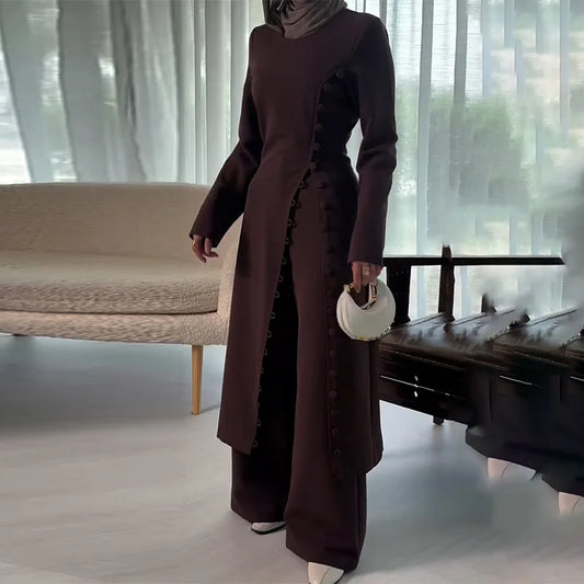 Two Piece Set Women Long Robe Top Wide Leg Pants Suit Ramadan Morocco Dubai Islam Casual Ensemble Femme Muslim Arabic Outfits.