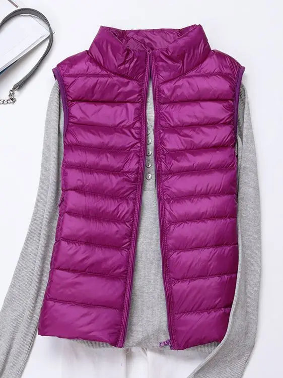0-10 ℃ Frauen Westen Herbst Winter Ultra Licht Ente Unten Weste Weibliche Dünne Ärmellose Jacke Winddicht Warme Puffer Weste 4XL