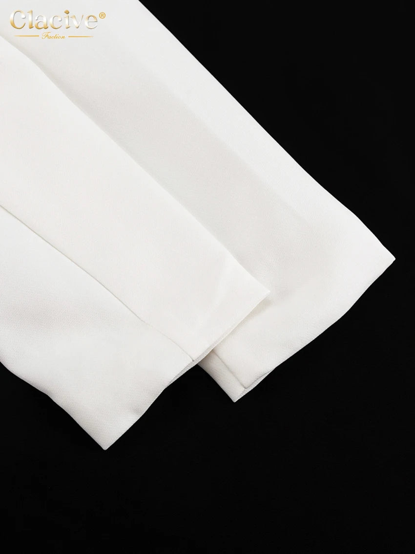 Clacive Sexy schlankes weißes Damenkleid 2025, modisches V-Ausschnitt, lange Ärmel, knöchellanges Kleid, elegantes, klassisches, geschlitztes Damenkleid