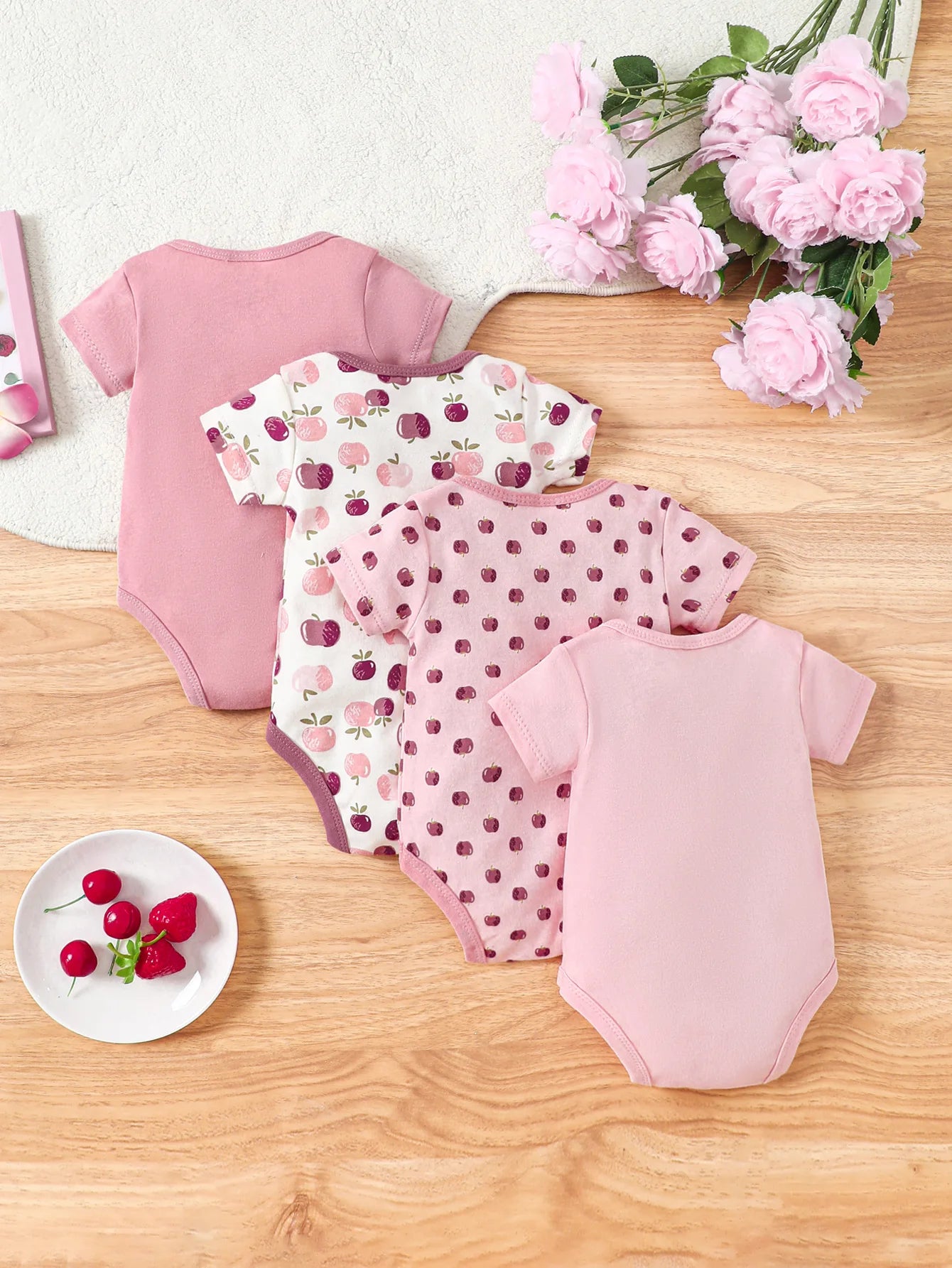4PCS Neugeborenen Strampler Kurzarm Rundhals Cartoon Tier Blumen Drucken Body Onesies Für Baby Jungen Und Mädchen Kleidung