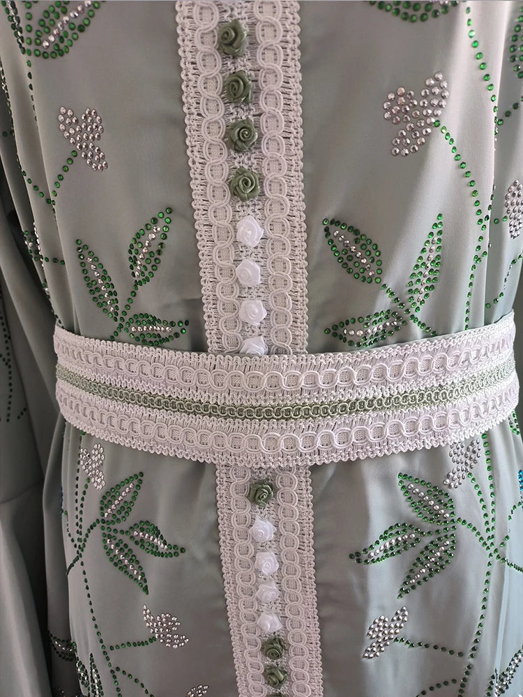 Indien Türkei Muslimischen Abaya Kleider Frauen Elegante Diamant Hochzeit Abend Party Kleid Spitze Gürtel Abaya Marokko Kaftan Robe