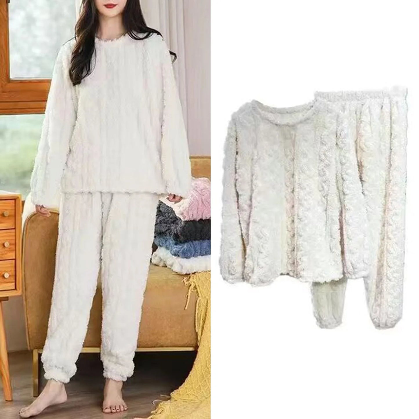 Winter-Pyjama-Set, stilvolles Winter-Pyjama-Set für Damen, warmer Plüsch, 2-teilige Nachtwäsche, bequeme Pullover-Hose für den Herbst