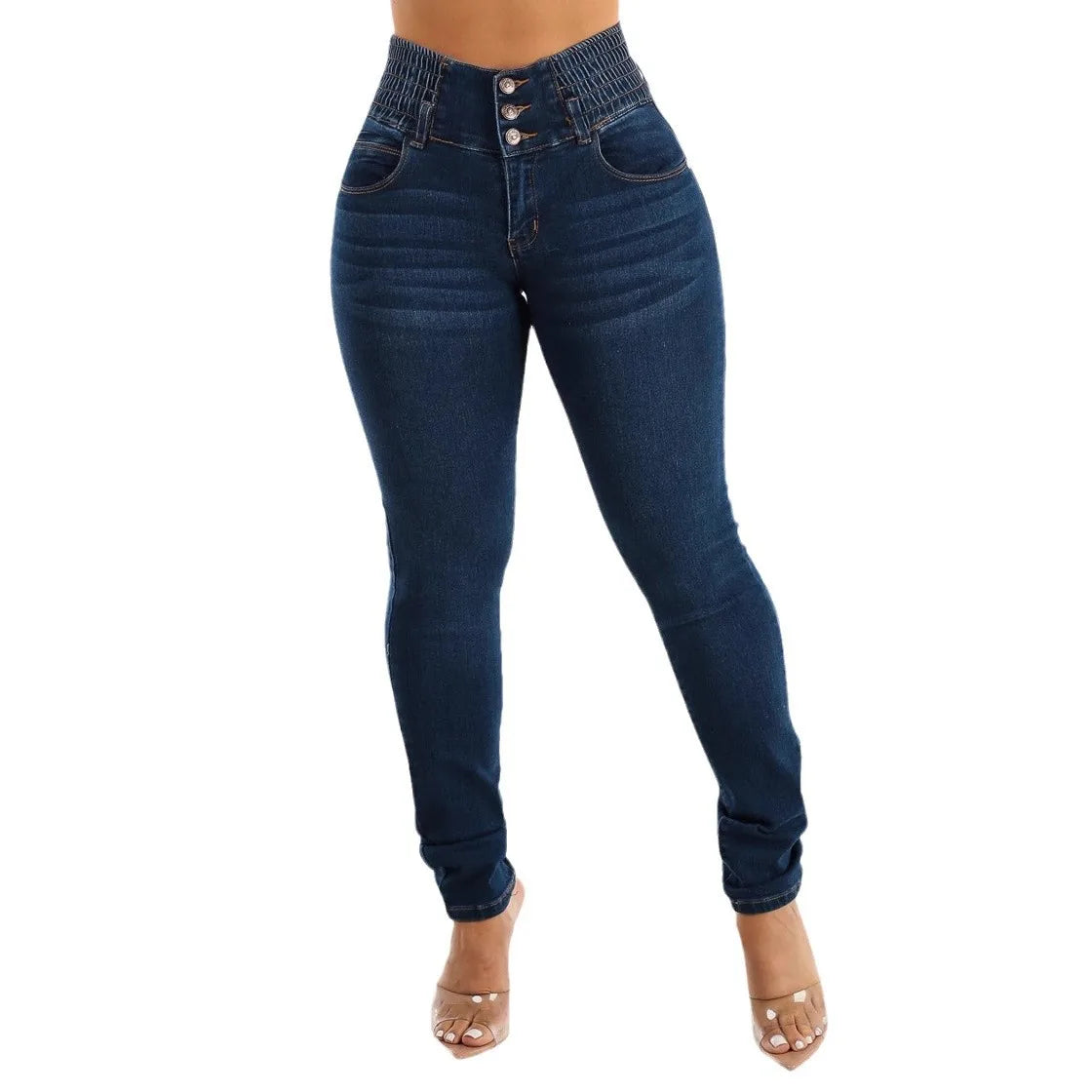 Jeans-Bleistifthose für Damen, 2025, dünne Hose, hohe Taille, Stretch, gewaschen, Distressed-Taschen, Knöpfe, Vintage-Denim, Streetwear