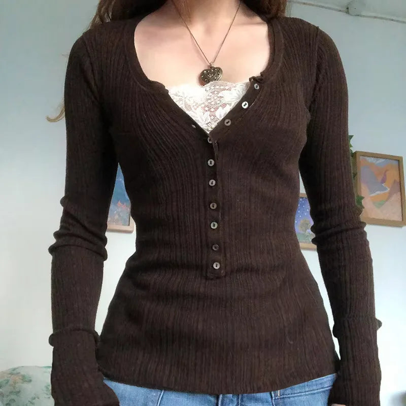 2000er Jahre Vintage Langarm Babydoll Strickpullover Tops Cottage Milkmaid Pullover Ästhetische Grunge Y2k Strickwaren T-Shirts Damen