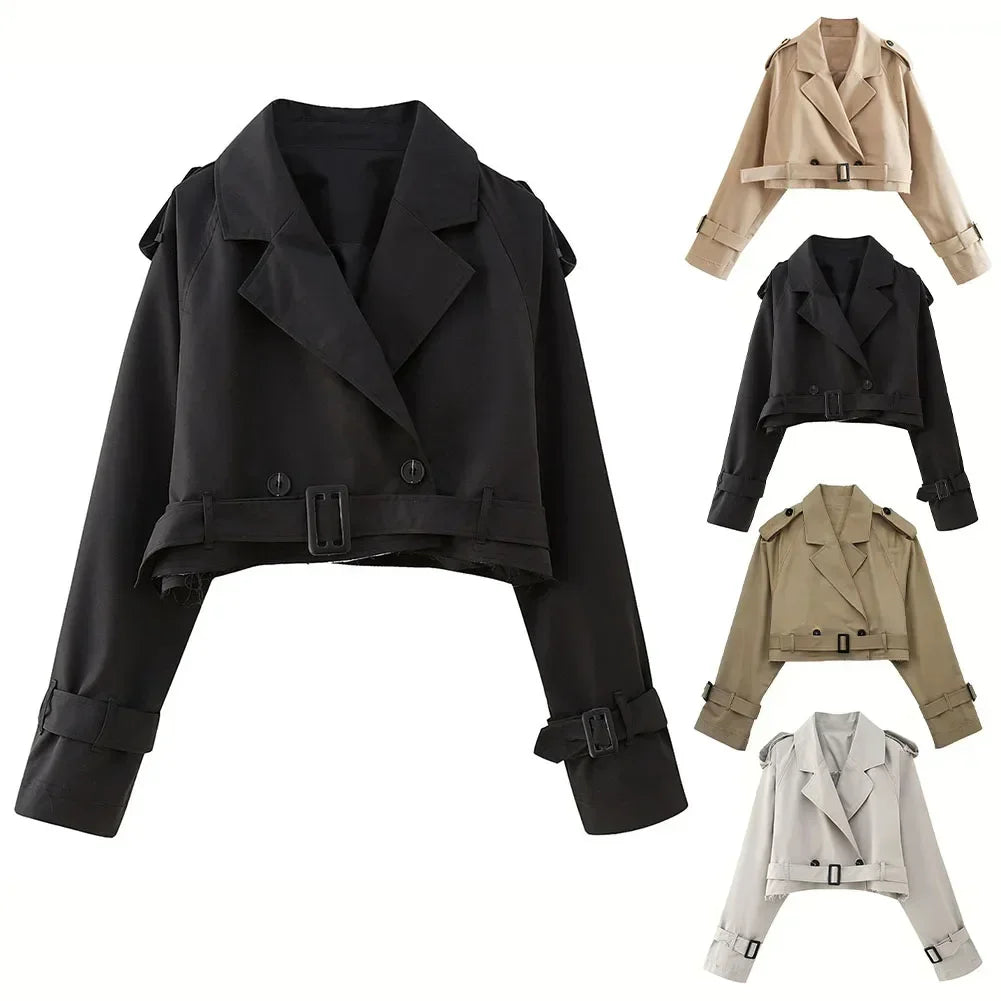 Frauen kurze Blazer Jacken Herbst elegante Vintage einfarbige Langarm Zweireiher Trenchcoat mit Gürtel