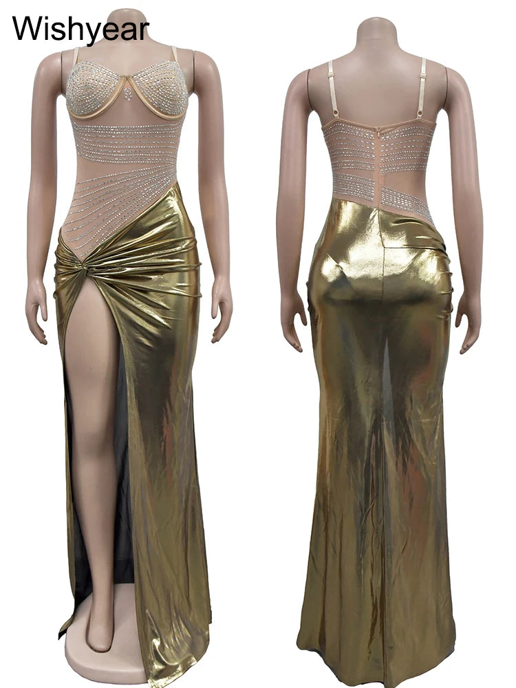 Wisheyar elegante Promi Glitter Metallic Silber Geburtstag lange Kleider Frauen ärmellose Front Split Luxus Geburtstag Vestidos