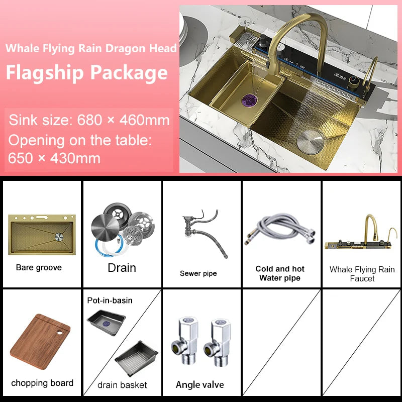 Küchenspüle aus Edelstahl mit Wasserfall, extra große Einzelschüssel, Digitalanzeige, multifunktionale Geschirrspülbecken